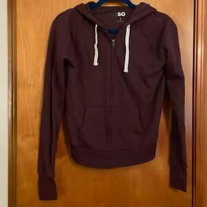SO purple light weight zippered hoodie with front pocket and white hood ties